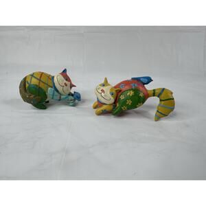 Whimsical Rainbow Primitive Folk Art Cats Figurine Resin Color Block